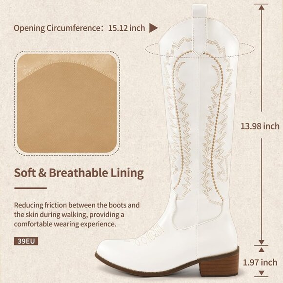 ⚡Women's White Embroidered Knee High with Chunky Heel Pointed Toe Retro Fashion - Picture 3 of 7